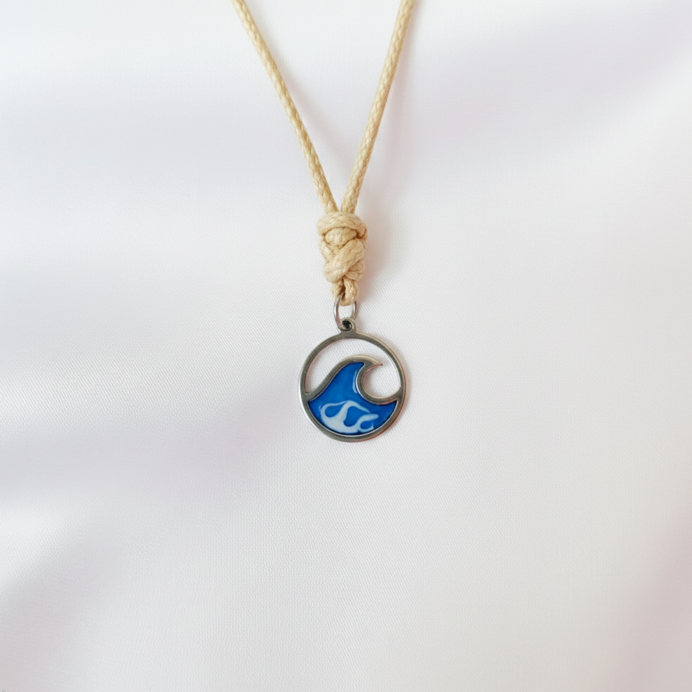 Wave Pendant Necklace on Adjustable Rope – Resin-Filled Ocean Wave