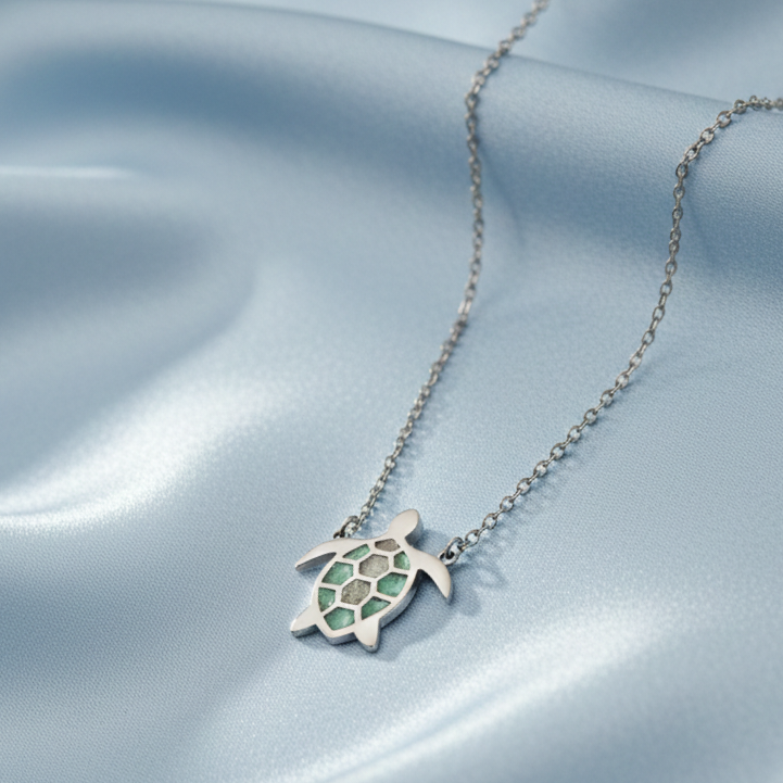 Stainless Steel Turtle Necklace – Resin-Filled Pendant with Real Hermanus Beach Sand