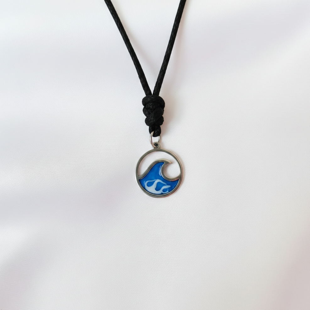 Wave Pendant Necklace on Adjustable Rope – Resin-Filled Ocean Wave